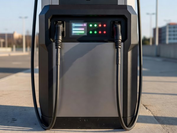 High-power dual-cord charger pedestal displaying clear kilowatt ratings and status indicator lights