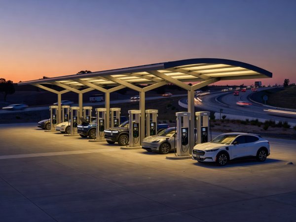Eight-stall high-power EV charging plaza under a lighted canopy beside an interstate highway exit at dusk