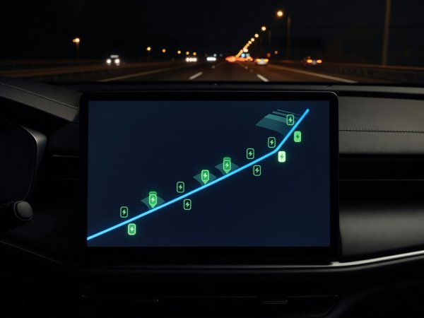 Nighttime view of an EV center console navigation screen plotting highway charging stops and projected arrival percentages