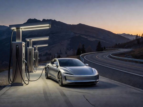 Electric vehicle parked at a well-lit roadside fast charging station with dusk mountain ridge in the background