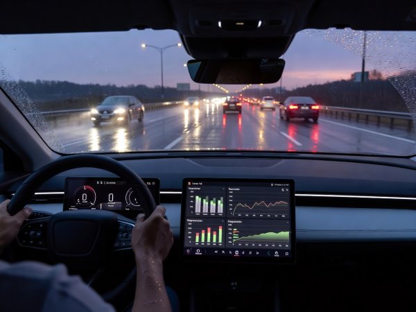 Driver perspective inside an electric vehicle on a wet highway at dusk monitoring real-time efficiency in miles per kilowatt-hour